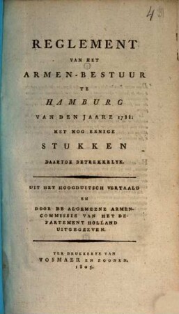 Reglement van het Armen-Bestuur te Hamburg van den Jaare 1788 : met nog eenige Stukken daartoe betrekkelijk, Stukk 1