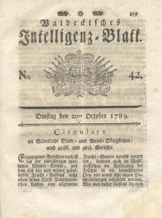 No. 42, Dinstag den 20ten October 1789
