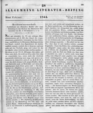 Christiansen, J.: Institutionen des Römischen Rechts oder erste Einleitung in das Studium des Römischen Privatrechts. Altona: Hammerich 1843 (Beschluss von Nr. 47)