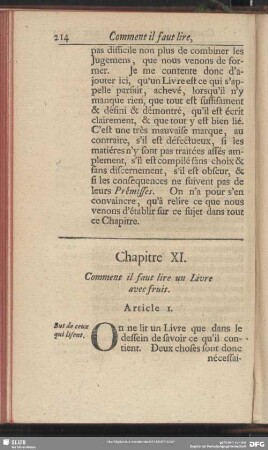 Chapitre XI. Comment il faut lire un Livre avec fruit