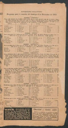 Hipódromo Argentino - Programa para la reunión del domingo 4 de Diciembre de 1910
