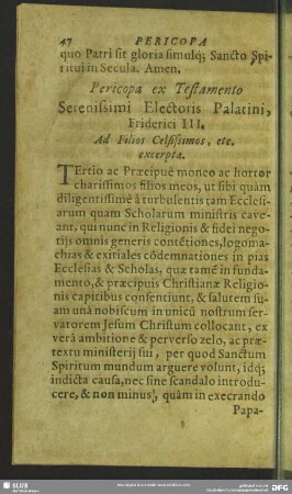 Pericopa ex Testamento Serenissima Electoris Palatini, Friderici III. Ad Filios Celsissimos, etc. excerpta