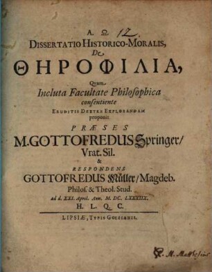 Dissertatio HistoricoMoralis, De Thērophilia