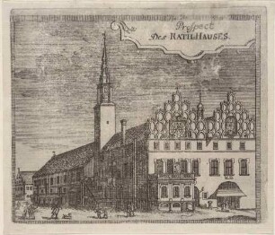 Das alte Rathaus in Zittau in der Oberlausitz im Zustand vor dem Bombardement durch österreichische Truppen gegen die preußische Besatzung am 23. 7. 1757 während des Siebenjährigen Krieges, aus Montalegres Sechs Stadt Zittau