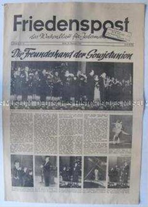 Wochenzeitung der DSF "Friedenspost" über Auftritte sowjetischer Künstler in der DDR und die Feiern zum Jahrestag der Oktoberrevolution