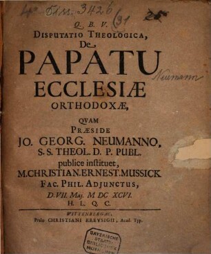 Disp. theol. de papatu ecclesiae orthodoxae
