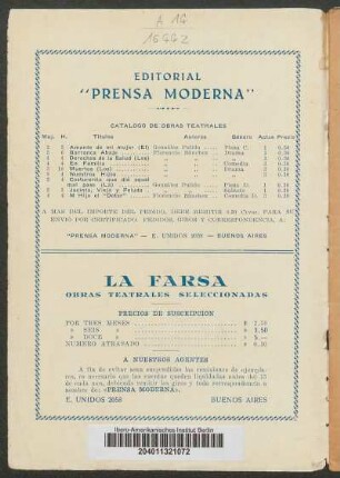 Catálogo de obras teatrales : Editorial "Prensa Moderna"