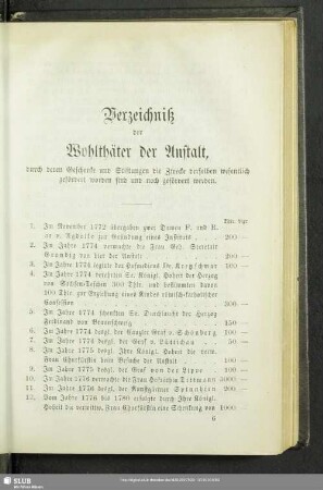 Verzeichniß der Wohlthäter der Anstalt