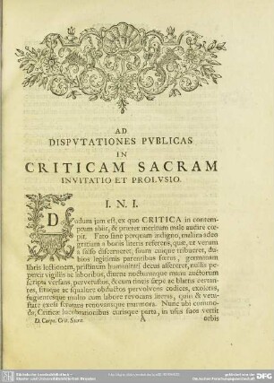 Ad Disputationes Publicas In Criticam Sacram Invitatio Et Prolusio