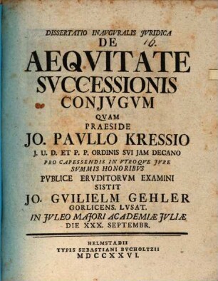 Diss. inaug. iur. de aequitate successionis coniugum