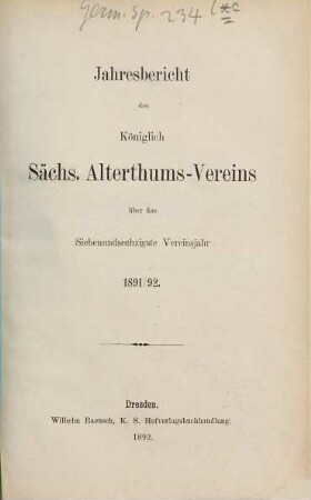 Jahresbericht des Sächsischen Altertumsvereins. 67. 1891/92