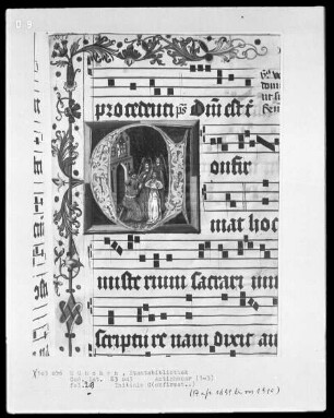 Graduale in zwei Bänden und ein dazugehöriges Antiphonar — Antiphonar aus dem Münchner Clarissinenkloster — Initiale C (onfirmat) mit Abraham und den drei Engeln, Folio 29recto