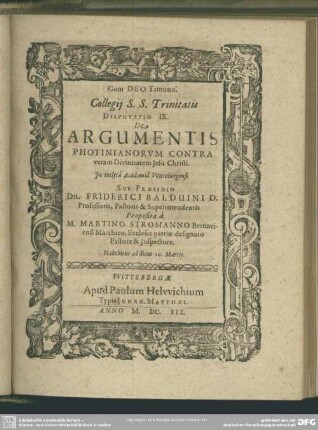 De Argumentis Photinianorum Contra veram Divinitatem Jesu Christi Proposita a M. Martino Stromanno