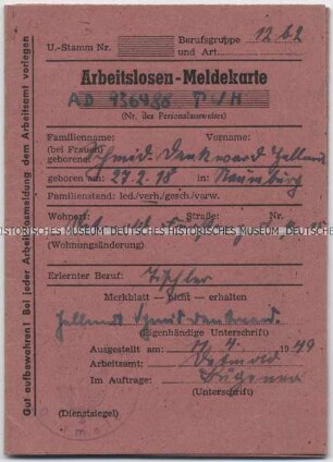 Arbeitslosenausweis des Arbeitsamtes Detmold für einen Tischler