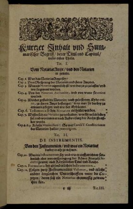 Kurtzer Inhalt und Summarischer Begriff/ derer Titul und Capitul/ dieses ersten Theils.