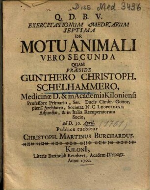 Exercitationum Medicarum Septima De Motu Animali Vero Secunda