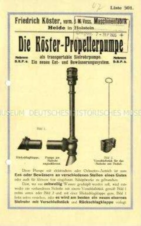 Die Köster-Propellerpumpe als transportable Sielrohrpumpe. Ein neues Ent- und Bewässerungssystem. / Liste 501