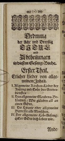 Ordnung der Acht und Dreyßig Teilus und Abtheilungen in diesem Gesang- Buche.