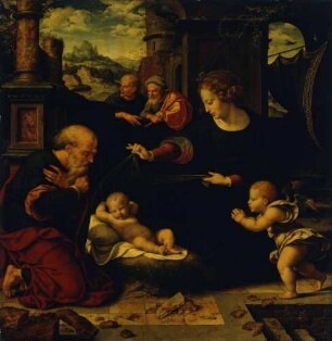 Maria und Joseph, vor dem Kind kniend