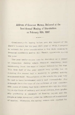 Address of Governor Matsuo, delivered at the Semi-Annual Meeting of Shareholders on February 16th, 1907