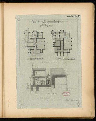 Bildhaueratelier Monatskonkurrenz April 1885: Grundriss Keller, Erdgeschoss, Längsschnitt; 2 Maßstabsleisten