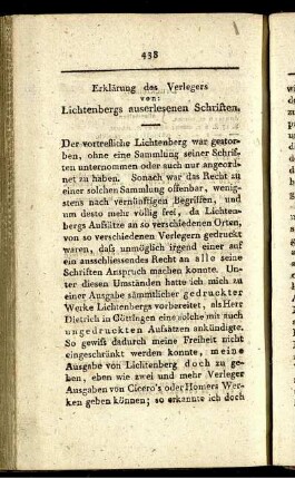 Erklärung des Verlegers von: Lichtenbergs auserlesenen Schriften.