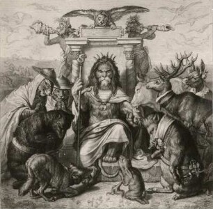 Kaulbach, Wilhelm von. Illustration zu Reineke Fuchs von Johann Wolfgang von Goethe. König Nobel hält Hof