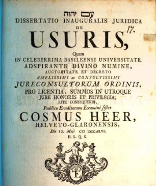 Diss. inaug. iur. de usuris