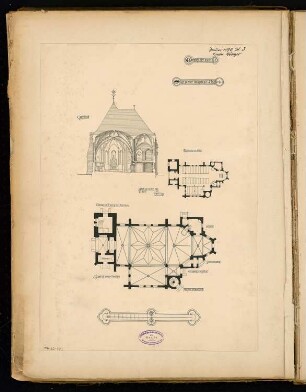 Evangelische Dorfkirche Monatskonkurrenz Januar 1890: Grundriss Erdgeschoss, Gewölbe/Dachgeschoss, Querschnitt (Richtung Altar); Maßstabsleiste