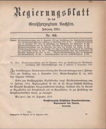 Nr. 266: Ministerialverordnung vom 18. Dezember 1915 zur Ausführung der Bundesratsverordnung über Vorratserhebungen vom 2. Februar / 3. September 1915