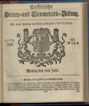 27. Stueck, Montag den 5ten Julii 1762