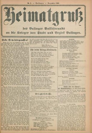 8.1916: Heimatgruß des Balinger Volksfreunds an die Krieger von Stadt und Bezirk Balingen