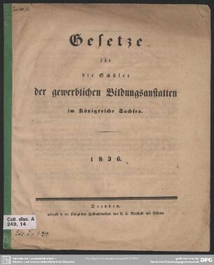 [2]: Gesetze für die Schüler der gewerblichen Bildungsanstalten im Königreiche Sachsen