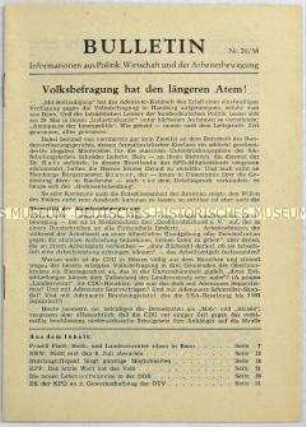 Illegales Informationsblatt der KPD "Bulletin" u.a. zur Volksbefragung in der Bundesrepublik zur atomaren Aufrüstung