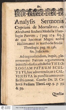 Analysis Sermonis Cypriani de Mortalitate, ...