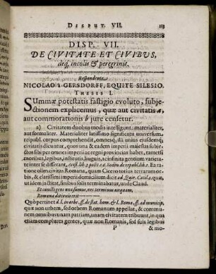 Disp. VII. De Civitate Et Civibus, deq incolis & peregrinis.