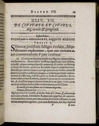 Disp. VII. De Civitate Et Civibus, deq incolis & peregrinis.