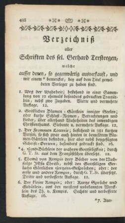 Verzeichniß aller Schriften des sel. Gerhard Tersteegen ...