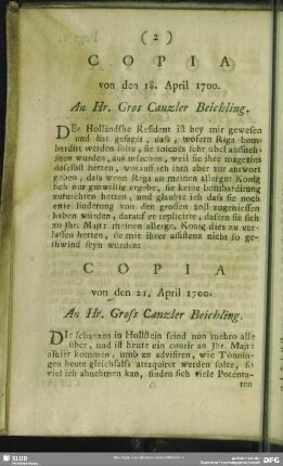 Copia von den 21. April 1700