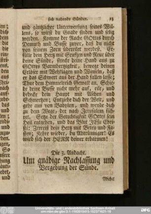 Die 3. Andacht. Um gnädige Nachlassung und Vergebung der Sünde.