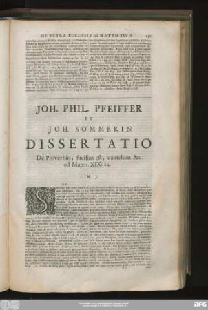 Ioh. Phil. Pfeiffer Et Ioh. Sommerin Dissertatio Der Proverbio, facilius est, camelum &c. ad Matth. XIX:24.