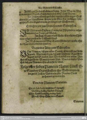 Folget der sieben Planeten Natur, Lauff, ihre Stunden, Eygenschafften, ihre Wohnungen in den zwölff Zeichen, Und was in jedes Planeten Stund zu thun und zu meiden sey