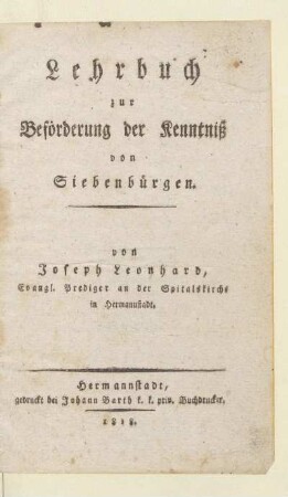 Lehrbuch zur Beförderung der Kenntniss von Siebenbürgen