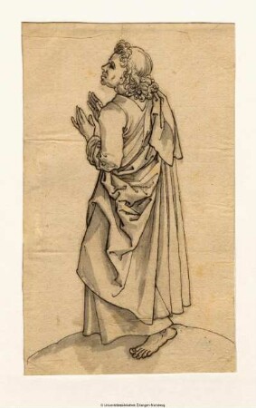 Evangelist Johannes nach links, mit erhobenen Händen. Teilkopie aus Dürers Holzschnitt B 55