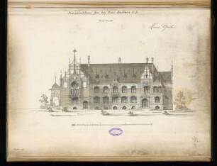Landratsamt (Kreishaus), Beuthen Monatskonkurrenz Dezember 1896: Aufriss Straßenansicht; Maßstabsleiste