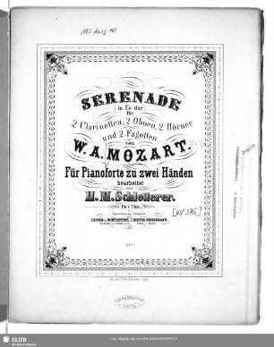 Serenade (in Es-Dur) : für 2 Clarinetten, 2 Oboen, 2 Hörner und 2 Fagotten
