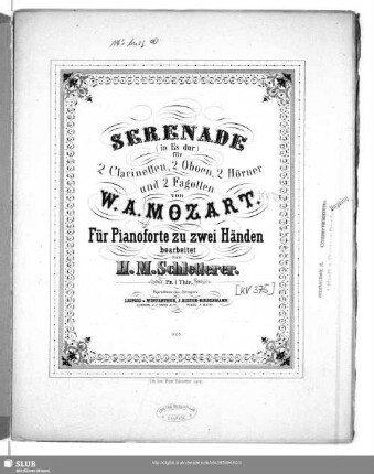 Serenade (in Es-Dur) : für 2 Clarinetten, 2 Oboen, 2 Hörner und 2 Fagotten
