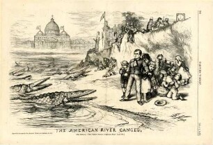 The american river ganges : katholische Bischöfe werden als Krokodile dargestellt. Sie kriechen aus einem Fluss an das Ufer und bedrohen dort Kinder (zu S.385)