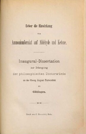 Über die Einwirkung von Ammoniumformiat auf Aldehyde und Ketone : Inaugural-Dissertation