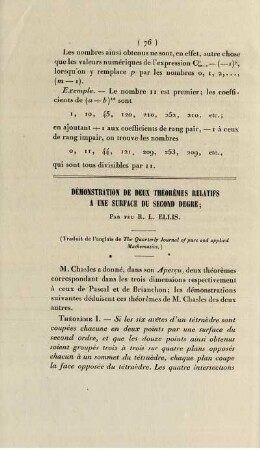 Démeonstration de deux théorèmes relatifs a une surface du second degre.